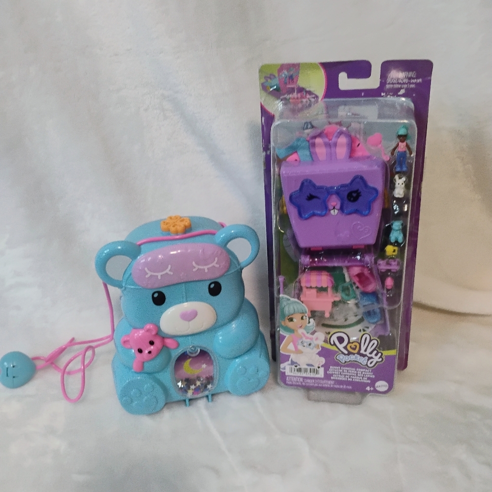 Polly Pocket Lot Bunny Carnival Compact & Sleepover Teddy Bear Purse Toys Doll B